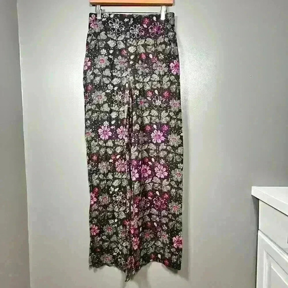 ZARA Lightweight Crepey Semi Sheer Wide Leg Ibiza Floral Pants Women Medium - Picture 1 of 10
